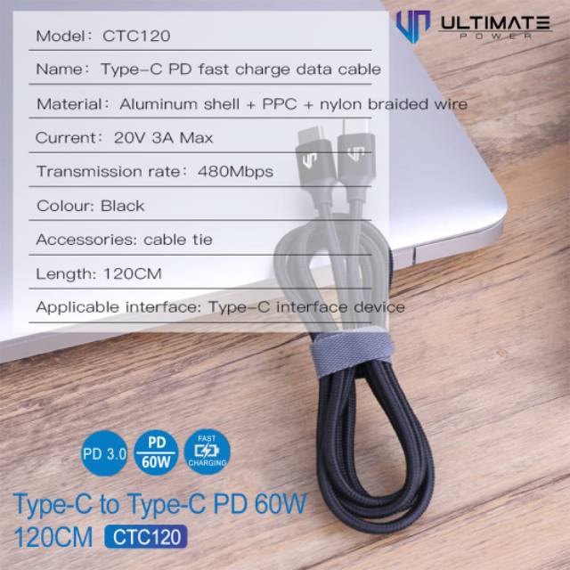 Kabel Data Usb Type C to Type C PD cable 60w 120cm