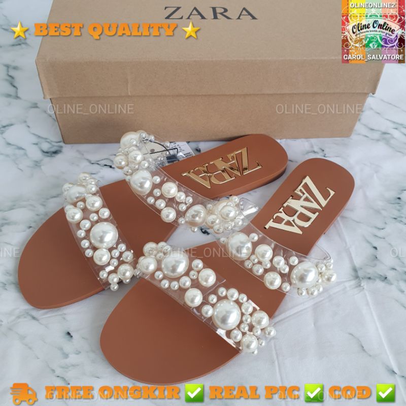 Sandal mutiara shiny pearls tali double dua tali tie transparan flat shoes SLIP on