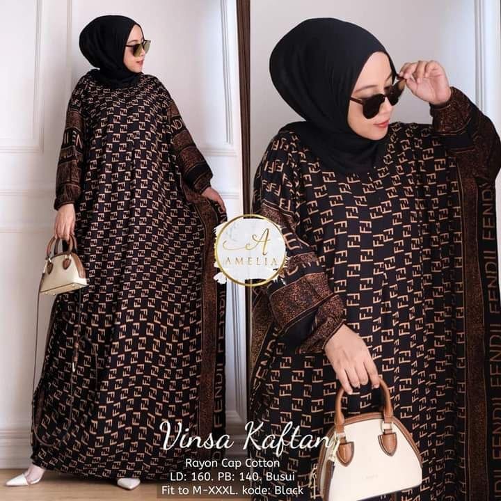 Kaftan Wanita Jumbo XXXXL- Vinsa Kaftan Motif Branded FF Lengan Panjang Busui Resleting Gamis Rayon Jumbo Kaftan Terbaru