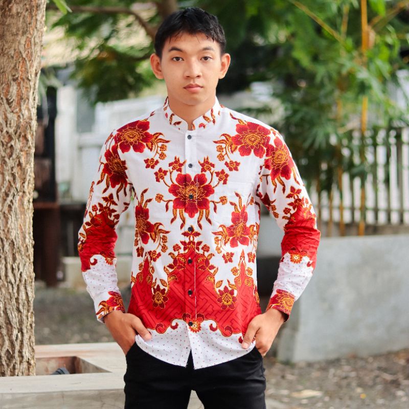 BatikBule Kemeja Batik Slimfit Panjang Motif Formal Warna Merah dan Putih  Kerah Shanghai LBL1638 &amp; LBL1639