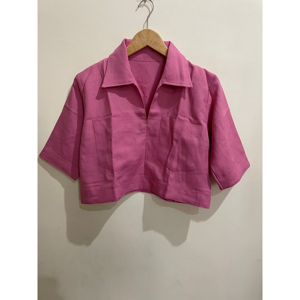 Toply shop  Blouse wanita Crop Linen pocket / Pakaian wanita