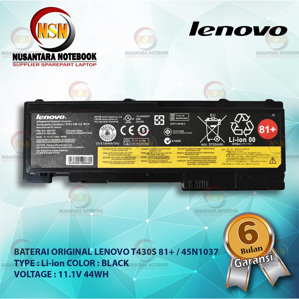 Baterai Original Lenovo T430S 81+ / 45N1037 11.1V 44WH