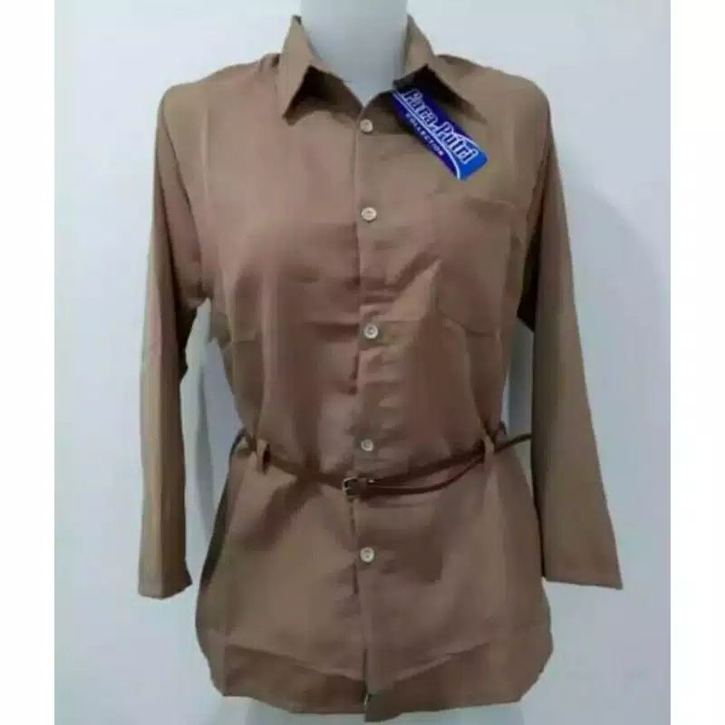 Kemeja Wanita Atasan Blouse Casual Polos Lengan Panjang Kekinian Bahan Moscrep Free belt model Korea-2