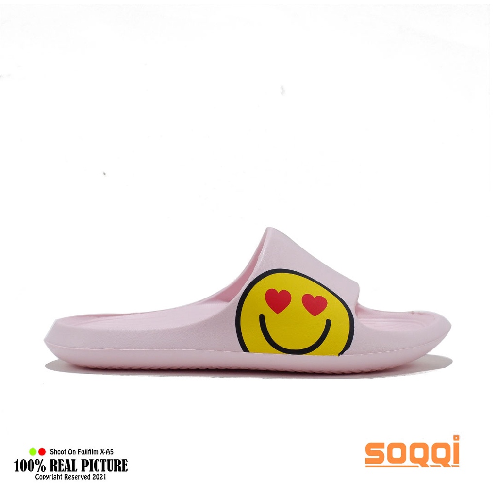 Sandal selop wanita import karet original sendal slop cewek perempuan dewasa model distro gambar smile slip on lucu tahan air branded terbaru Soqqi-Km 080 1B promo lebaran murah keren cod 36-40