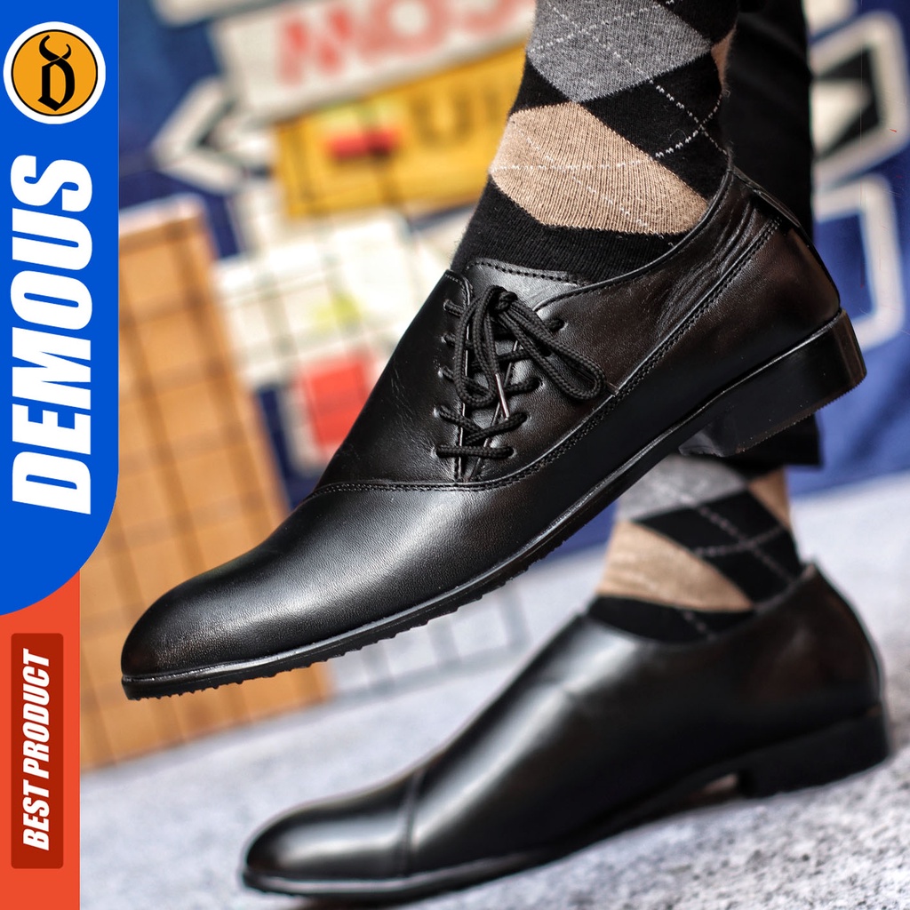Sepatu Pantofel Pria Sepatu Formal Pria Kulit Asli Tali Sepatu Pantopel Hitam Kerja Kantor DEMOUS MEGAN