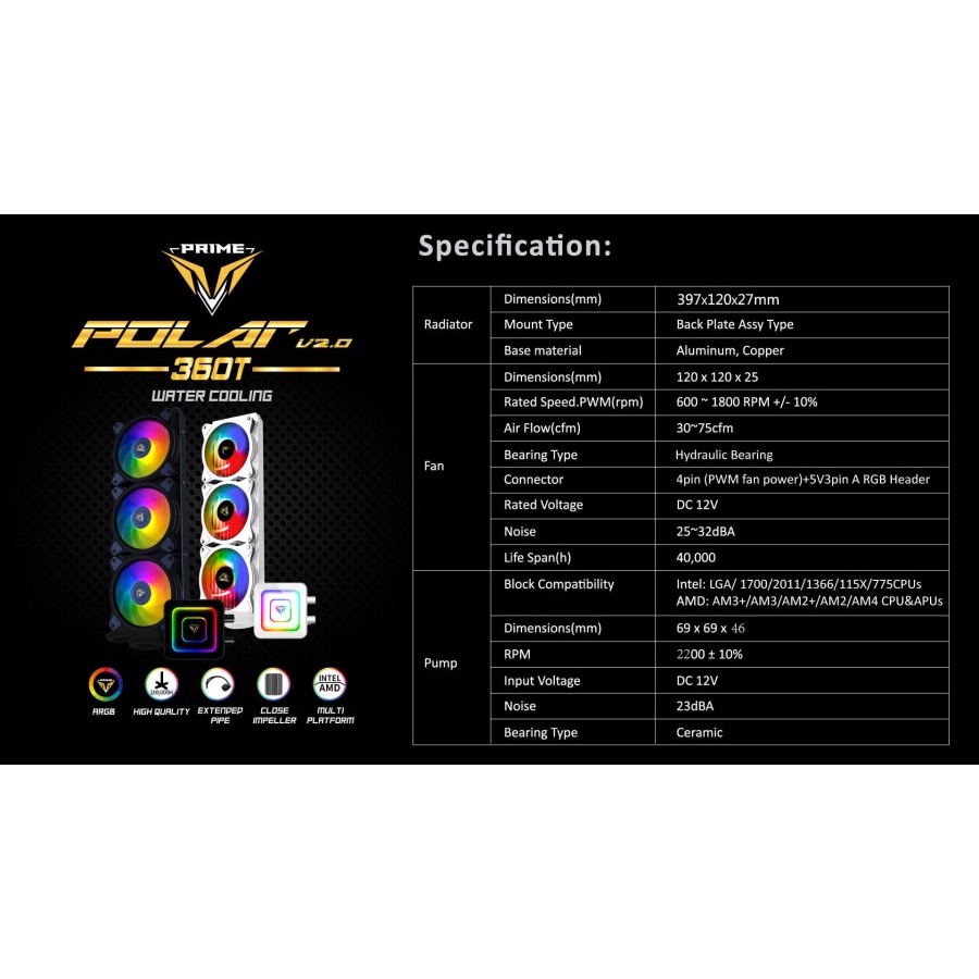 PRIME POLAR 360T V2.0 ARGB Liquid Cooler with Rainbow Effect Pump Head