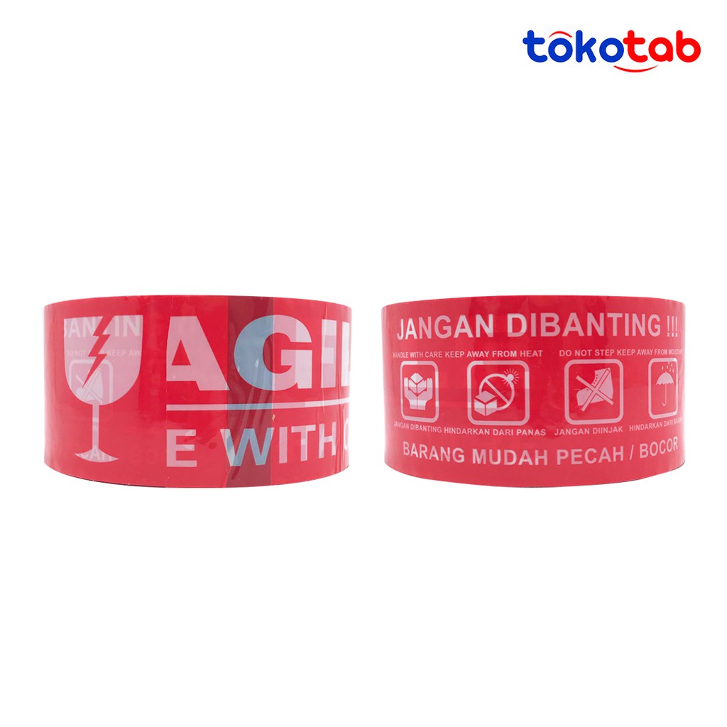 

Solatip Plakban OPP FRAGILE JANGAN DIBANTING UNBOXING Putih Merah 2inch 50 Meter Packing Pengemasan
