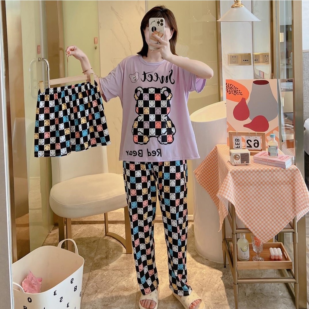 AJW Shop Piyama 3in1 | Piyama Import Dewasa | Setelan Wanita Kekinian | Baju Tidur Wanita Dewasa-BearKotak Purple