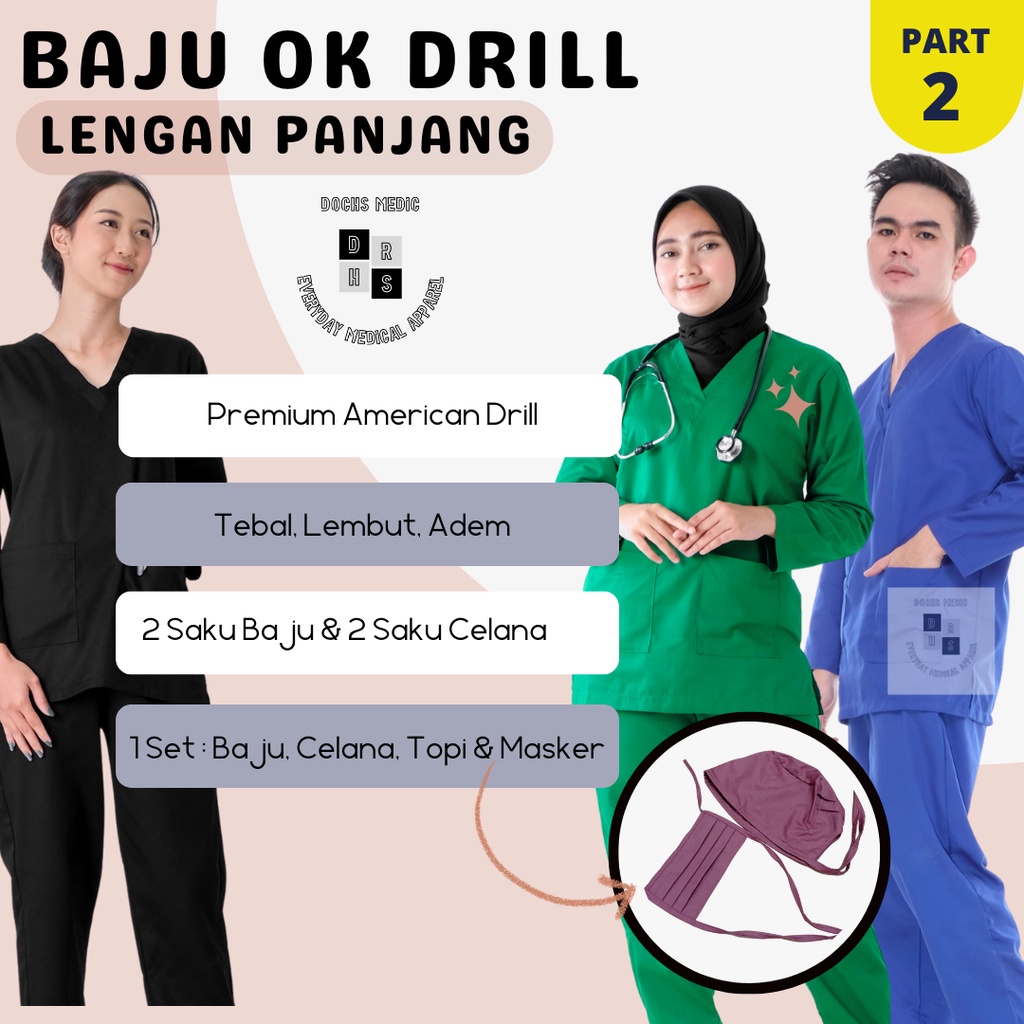 Baju OK / Baju Jaga / Scrub Medis Lengan Panjang (PART 2) DOCHS MEDIC