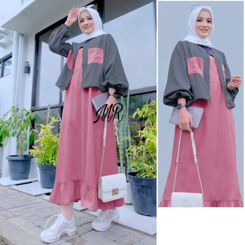 SET LONG DRESS CARDI HABIBAH 2IN1, MOSCREPE, GAMIS HIJAB MUSLIM, SETELAN CARDIGAN, 4 UKURAN