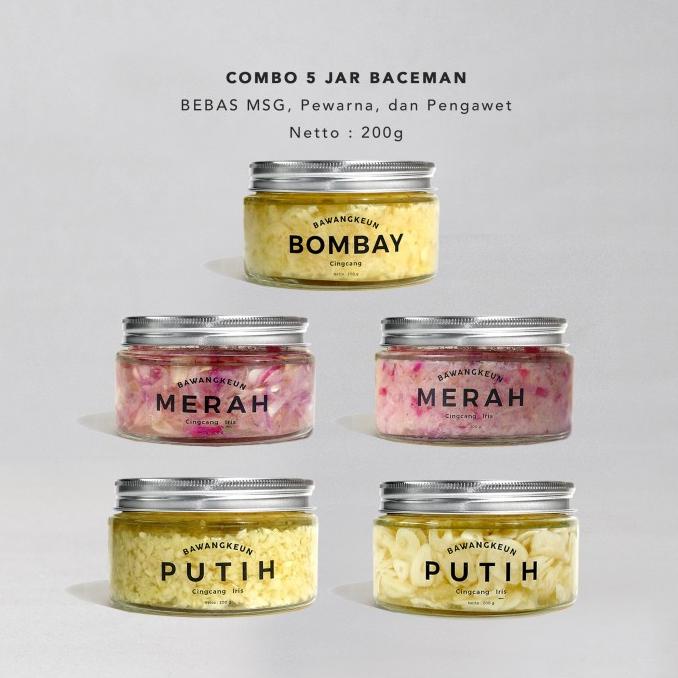 

Silahkan Order] Combo Lengkap Baceman Bawang Bombay Putih Merah Cincang & Iris | 5 Jar