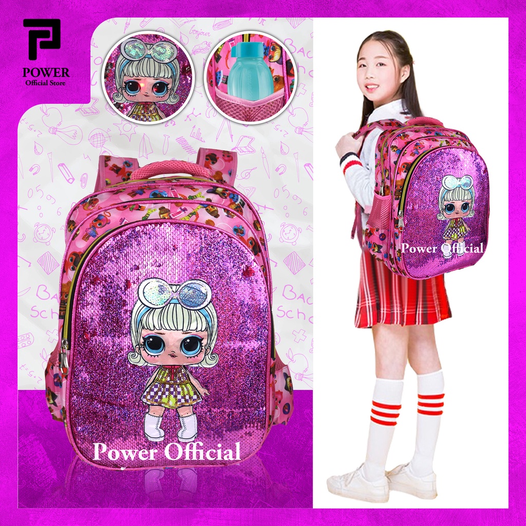 Tas Sekolah Import Ransel Anak Perempuan Tas Sekolah Anak SD Karakter LOL Sequin Usap + Lampu