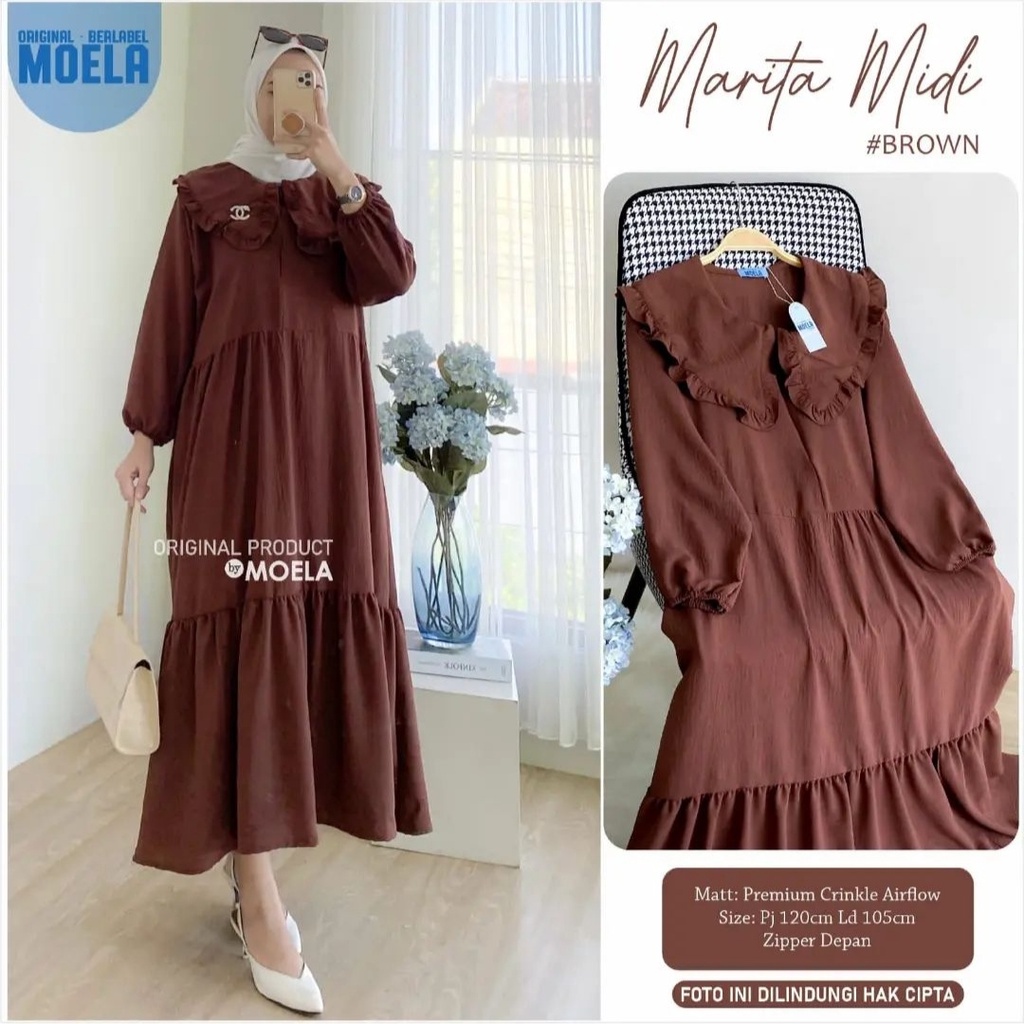 Ramdan Collection - Marita Midi Dress Muslim Bahan Rayon Crinkle Airflow Premium Jumbo Dress Kondangan Lebaran Remaja Terbaru 2023 Lucia Korean Style