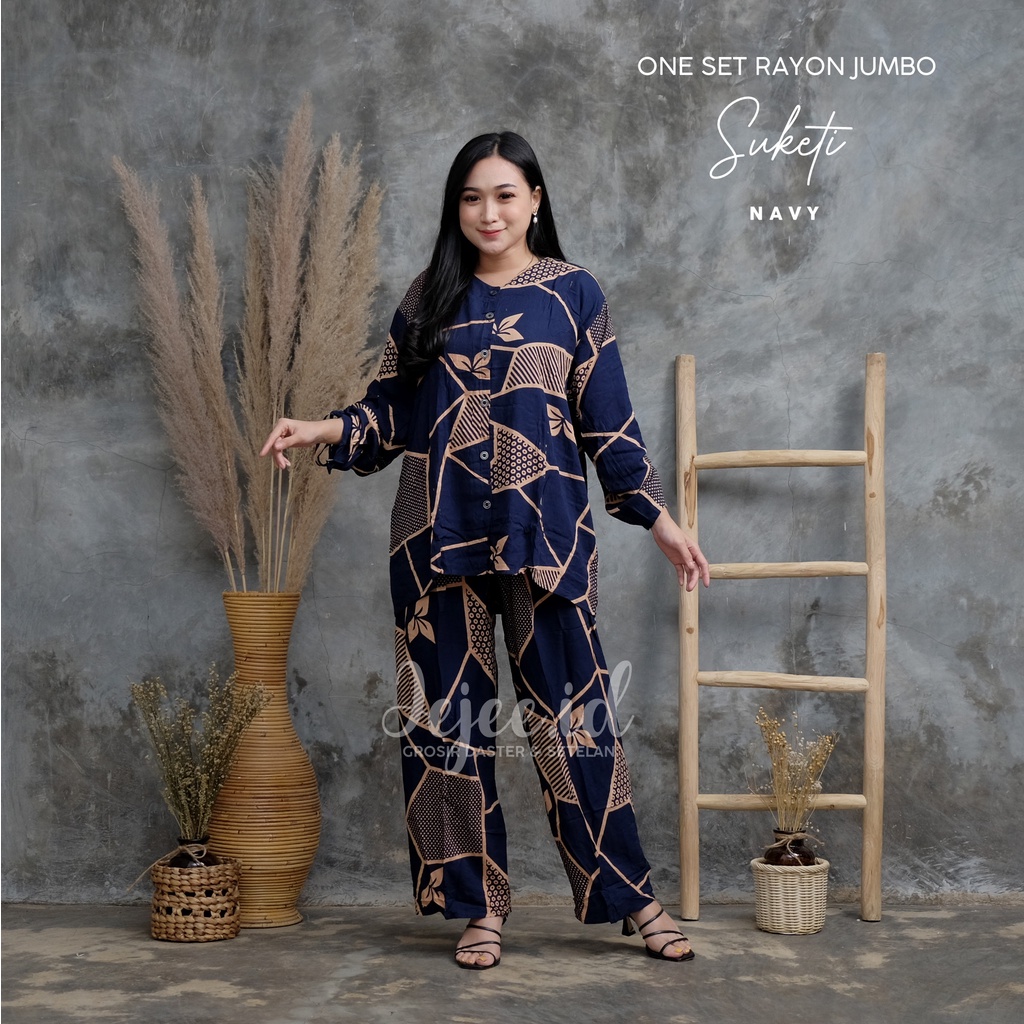SETELAN RAYON JUMBO LD 120 CM BIG SIZE SUNDARI SET PIYAMA TIE DYE LENGAN PANJANG KANCING-SUKETI-NAVY