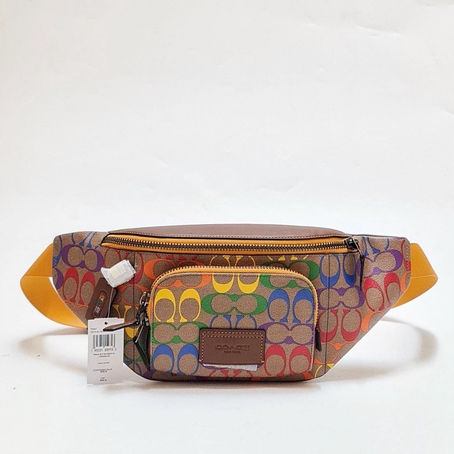 Tas Pria Branded Coach Track Belt Bag In Rainbow Signature Canvas - 100% Original - Hopestead Store