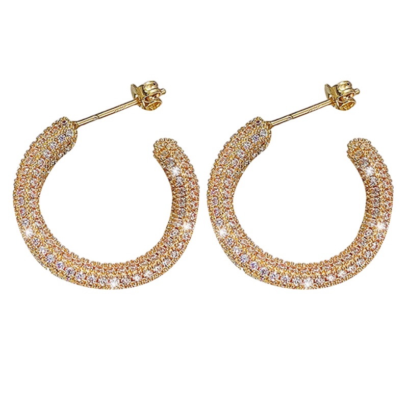 Anting Hoop Cubic Zirconia Bentuk Lingkaran Warna Emas Bling Untuk Wanita