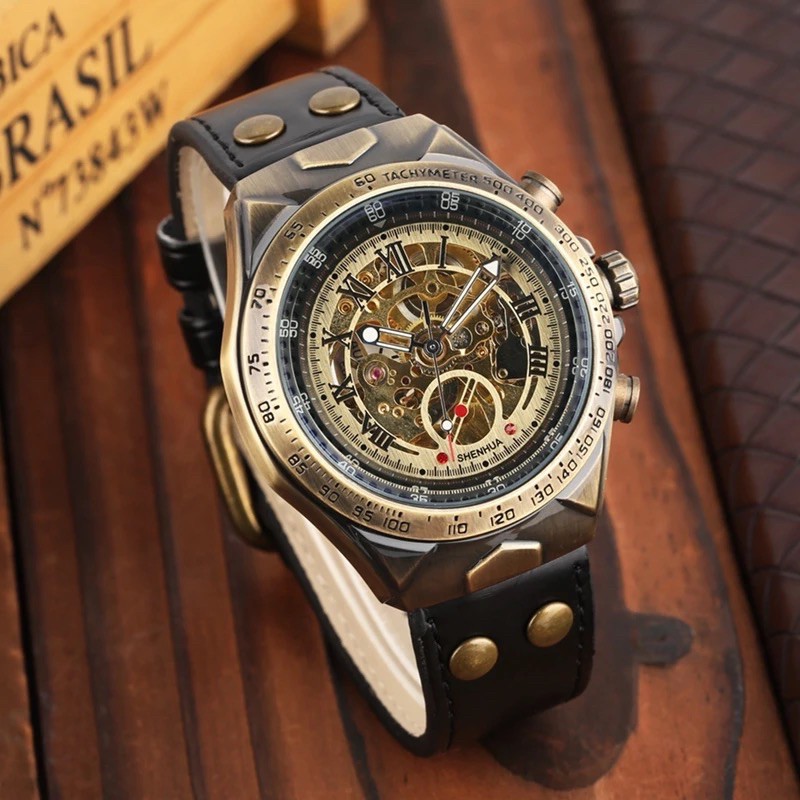 Jam Tangan Pria Original Automatic Casual Luxury Fngeen Perunggu Tali Kulit