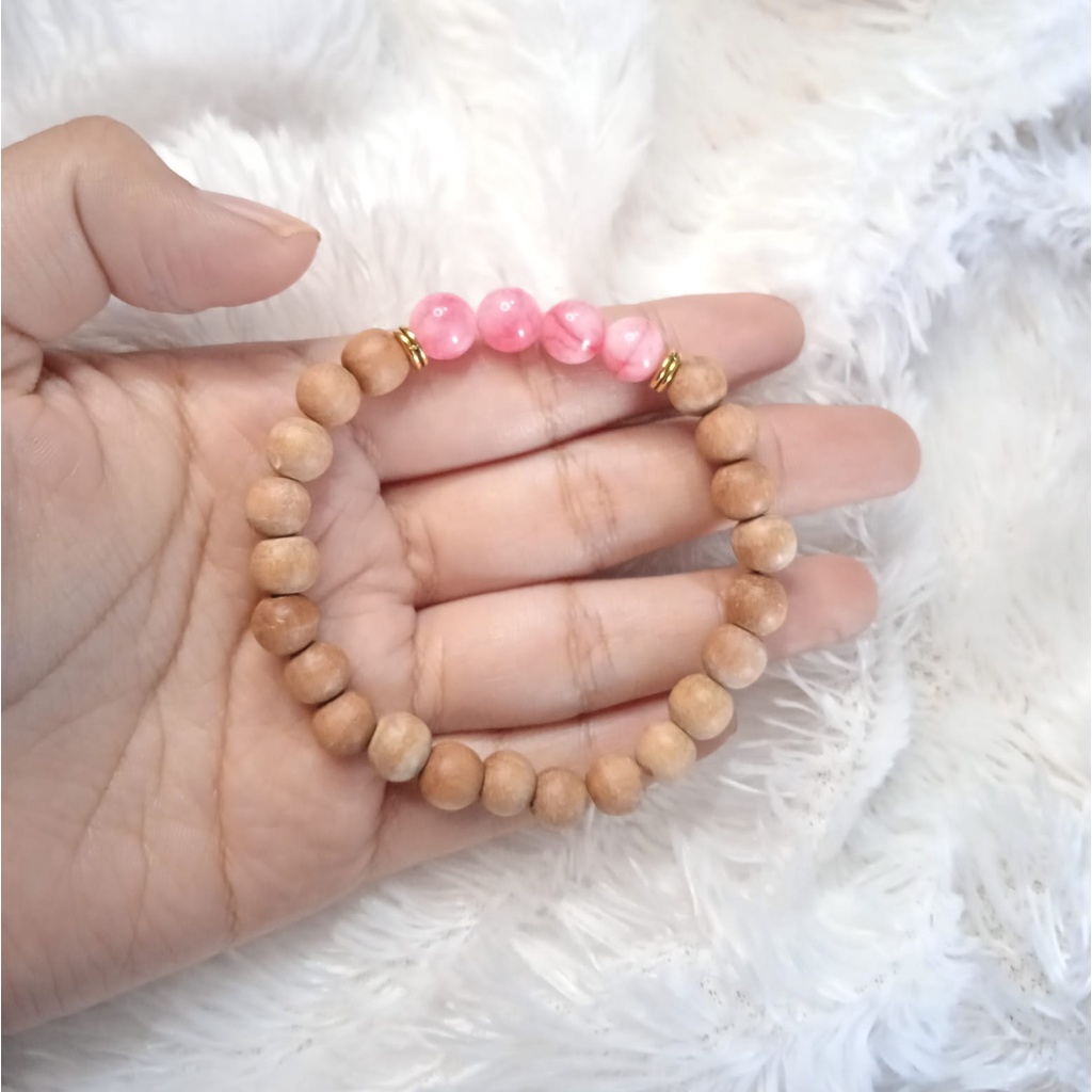 Gelang Batu Original Handmade Kayu Cendana Kombinasi Batu Alam Pink Burneo