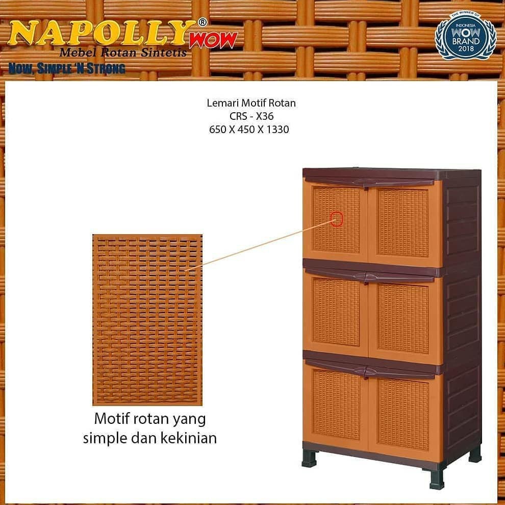 LEMARI PAKAIAN PLASTIK NAPOLY 3 susun 6 Pintu motif Rotan CRS - XU 36