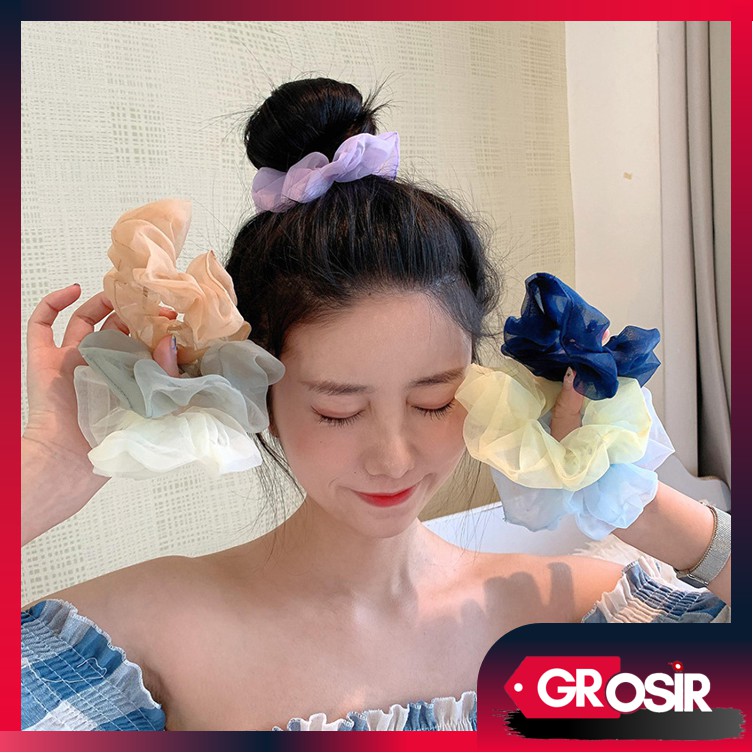 Grosir - F866 Ikat Rambut Jaring Polos Scrunchie / Aksesoris Rambut Wanita / Kuncir Rambut Transpara