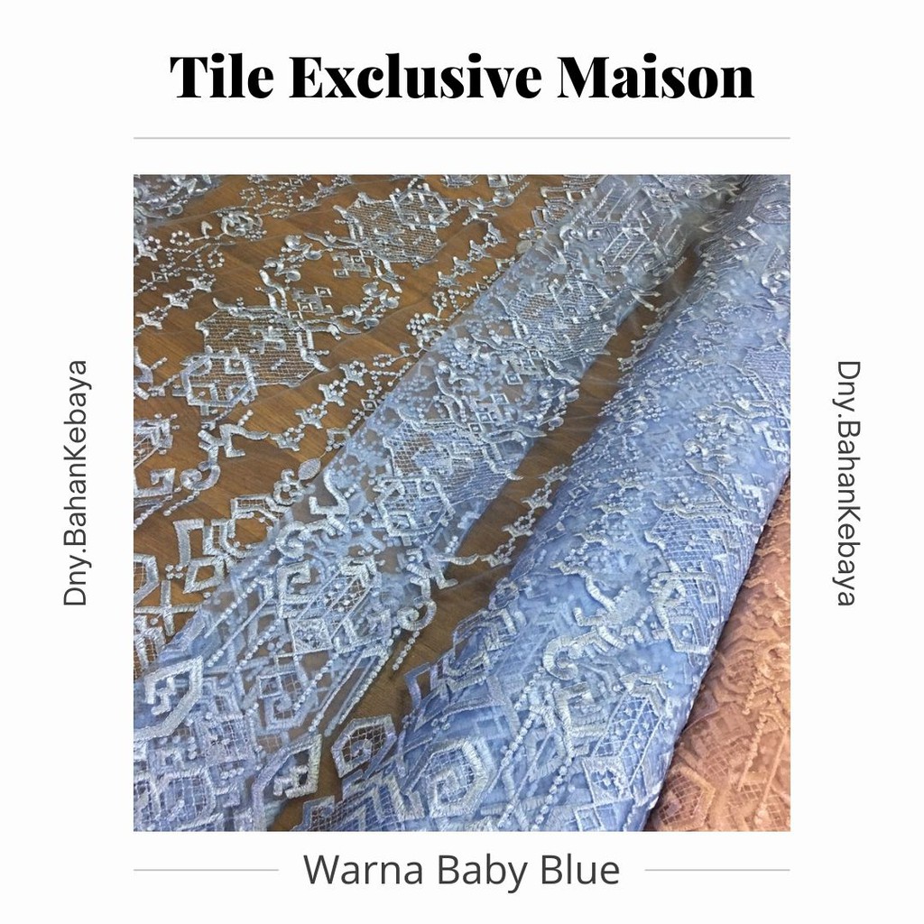 Kain Brokat Tile Kebaya Full Bordir Maison Exclusive by Designer Saptodjojo Warna Baby Blue Biru