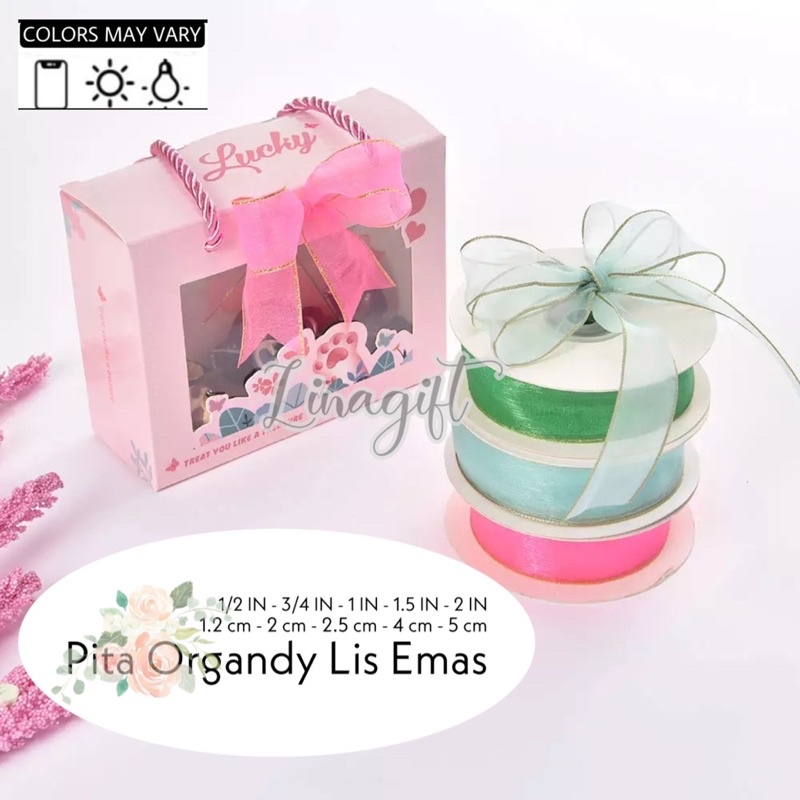 ( Rol 20 Yard ) PITA ORGANDI LIS EMAS 1 IN ( 2.5 CM ) - ORGANDY SILK CHIFFON RIBBON 25 MM / 1 INCH GOLD LIST / ORGANZA / HIASAN KADO / PARCEL HIASAN DEKOR DEKORASI RUANG FLORIST BUKET KARANGAN BUNGA