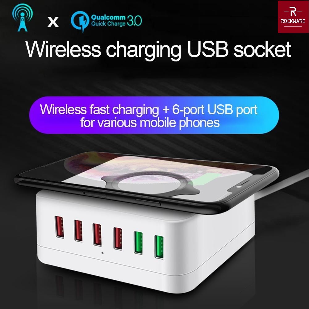 ROCKWARE E6 - 6 USB Port Charging Station and Qi Wireless Charge - 72W - Charger Multiport Up To 6