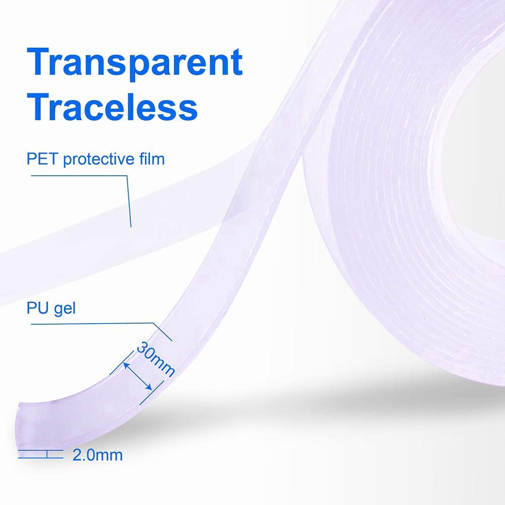 Nano Double Sided Tape Reusable / Multifunction Removable Washable Traceless Gel Grip Tape/Clear Sticky Adhesive Non-Slip Mounting Tape Heavy Duty for Home/Office Fix Carpet Mats