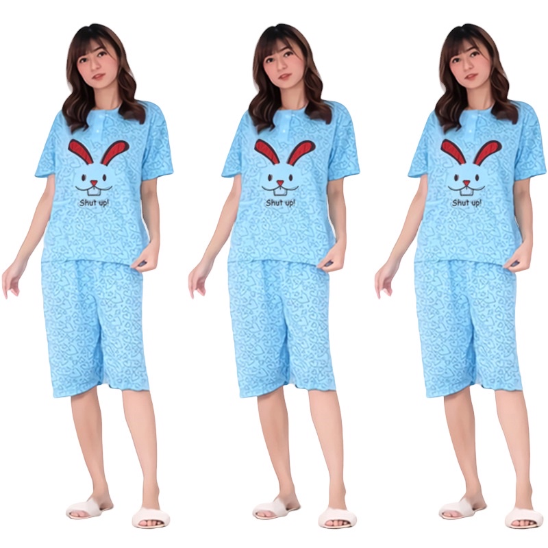 Lilipop.id  Baju Tidur Wanita 3/4 All Size Standar Shut Up Setelan Piyama BabyDoll Kaos Celana Pendek