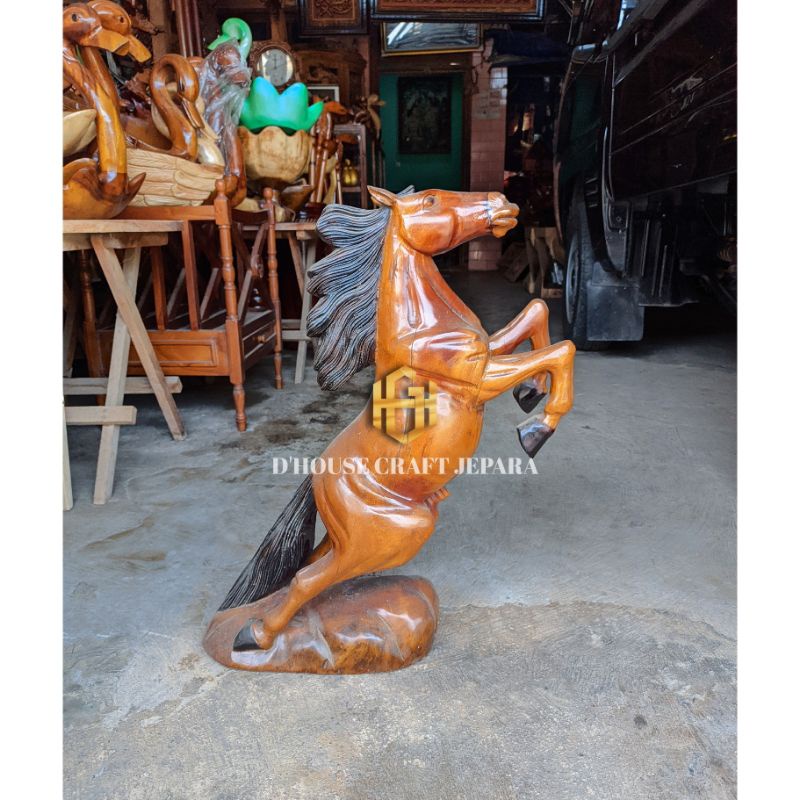 Pajangan Patung Kuda Dekorasi Meja Kayu Jati Seni Ukir