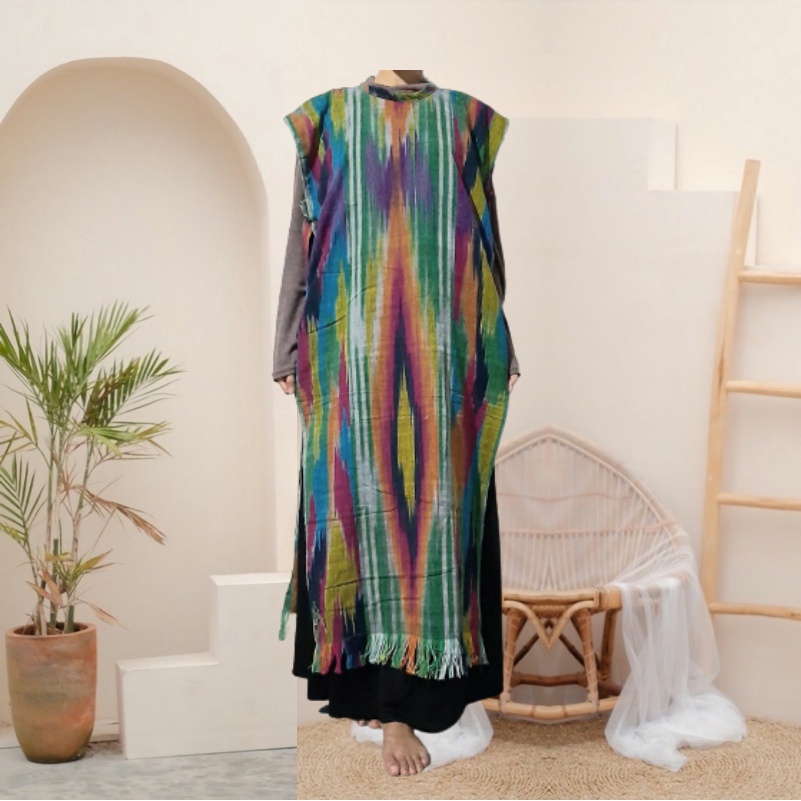 Long Vest Outer Wanita Muslim Hitam Putih Tenun Etnik Baju oter Muslimah Rompi Panjang Tanpa Lengan-Pelangi