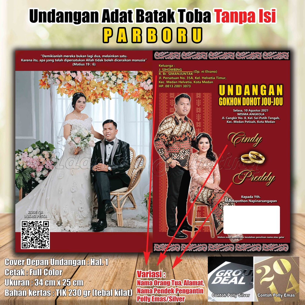 Undangan Batak Toba Parboru Tanpa Lembaran Isi (Tulisan Polly Emas/Silver)