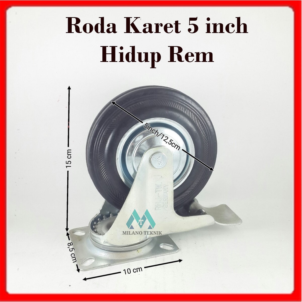 Roda Troli 5&quot; inch 1 set ( 2M+2Hrem ) Roda Karet Etalase troly