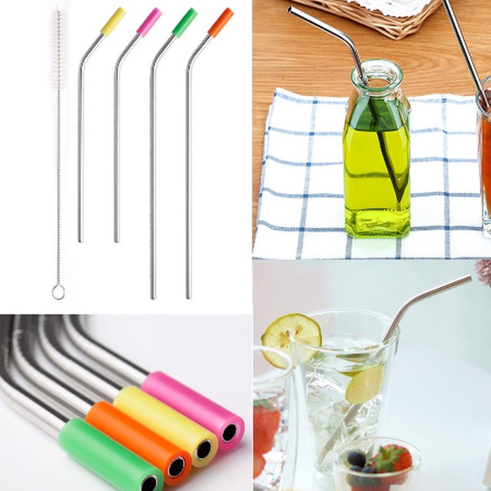 Stainless Steel Bend Straws+Silicone Case+Cleaner Brush (5pcs)