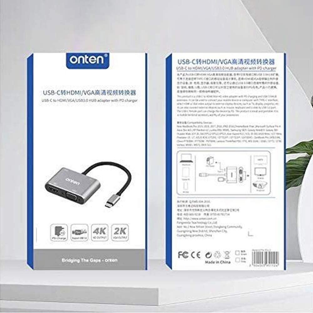 ONTEN OTN-9573S - USB-C to HDMI-VGA-AUDIO-USB 3.0 with PD Charger - Adapter USB-C ke HDMI/VGA/Audio/USB 3.0 + PD Charging 60W