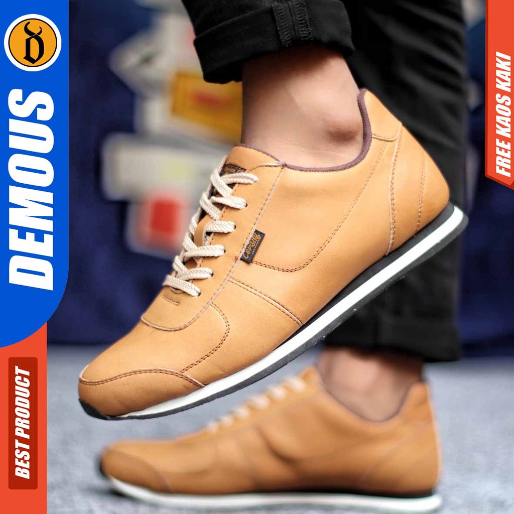 Sepatu Sneakers Pria Casual Kulit Asli Hitam Coklat Tan Demous Morley