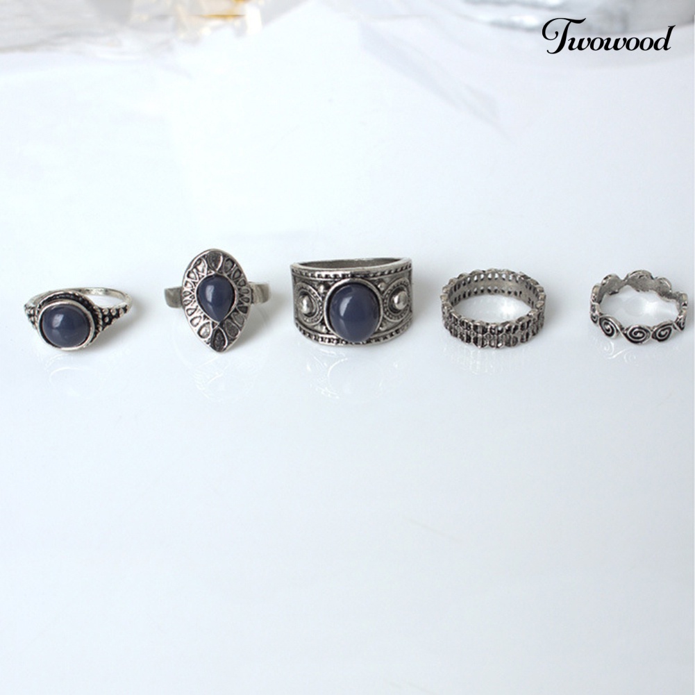 5pcs / Set Cincin Jari Bahan Alloy Aksen Batu Biru Gaya Bohemian Vintage Untuk Wanita