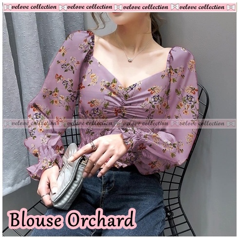 KALANTHA FASHION Chic Chiffon Top Vintage Blouse Wanita Motif Bunga Korean Style-6377 Dusty