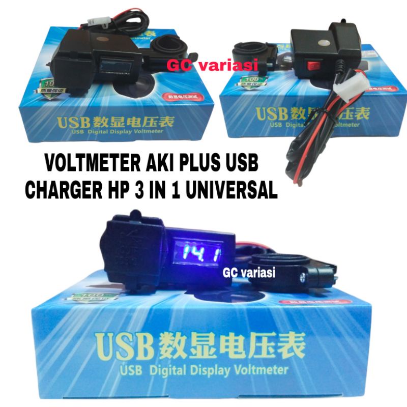 ON OFF VOLTMETER UKUR AKI LED DIGITAL PLUS USB CHARGER HP/VOLTMETER DIGITAL USB CHARGER HP 3IN1 UNIV
