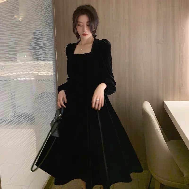 H7 D11 Velvet elegant long dress lengan panjang leher kotak / gaun / korean vintage midi dress