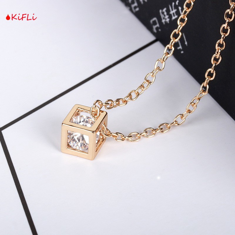 Kalung Alloy Anti Karat,Crystal Rantai dengan Liontin,Batu Zircon Bentuk Kotak,untuk Wanita