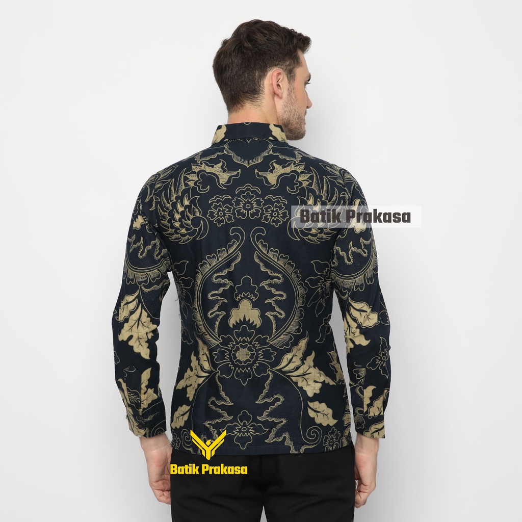 Kemeja Batik Prakasa Motif Bhadrika Navy Slimfit Lengan Panjang Batik Solo