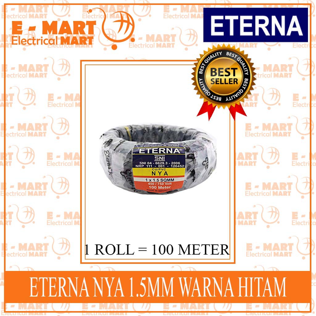 ETERNA KABEL NYA 1.5MM 100M MERAH HITAM BIRU KUNINGHIJAU (GROSIR) SNI LMK SPLN SEGEL / NYA 1.5Mili