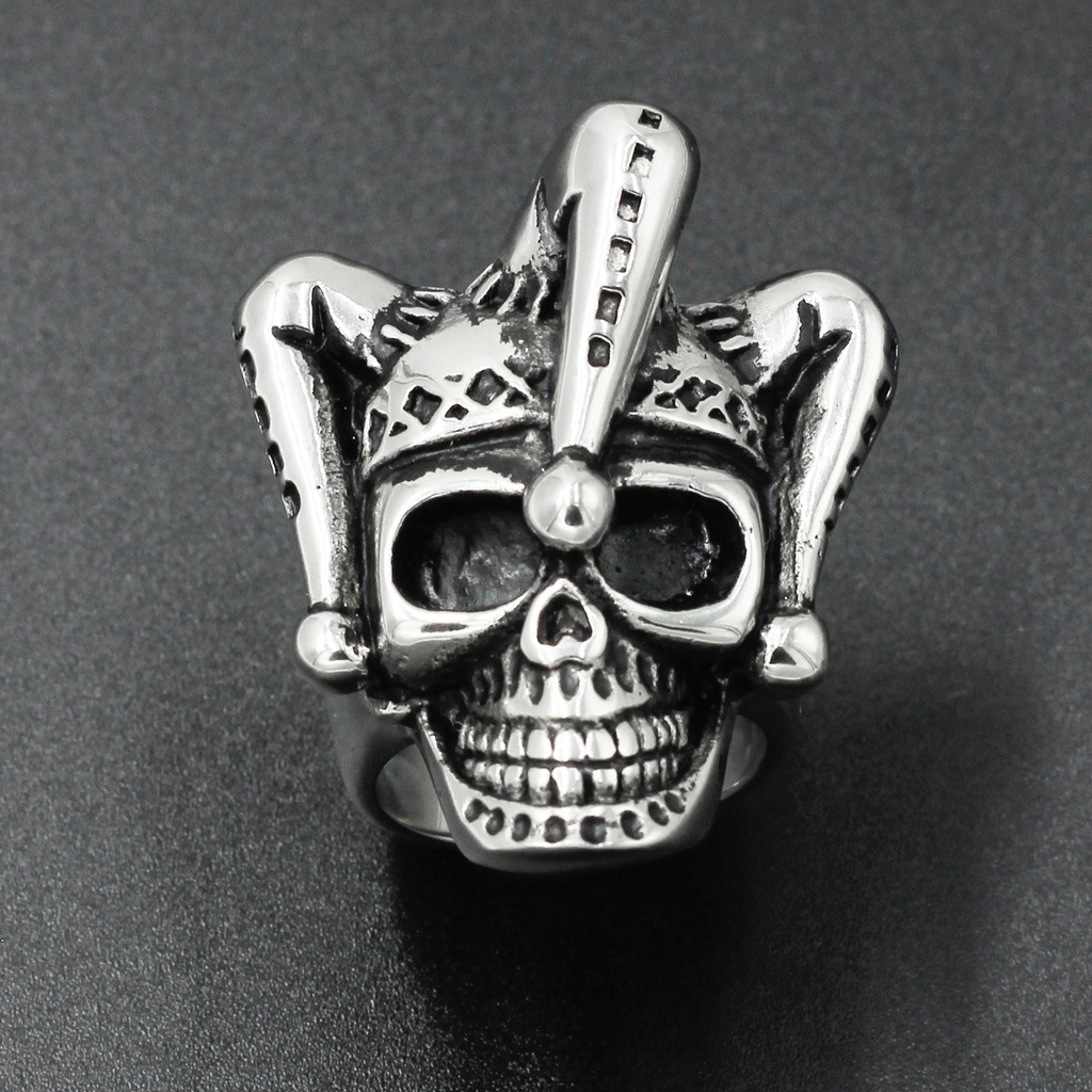 Cincin Desain Tengkorak Badut Bahan Stainless Steel Ukuran 7-13 Gaya Gothic Punk Vintage Untuk Pria