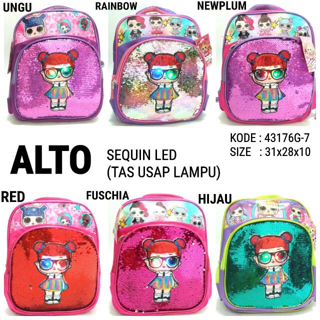 TAS SEKOLAH RANSEL BACKPACK ANAK CEWE TK ALTO 43176G-7 TAS SEQUIN LED USAP DAN LAMPU MURAH A