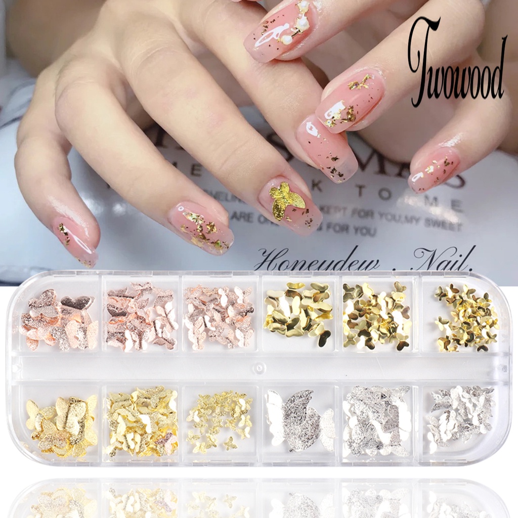 Twowood 1 Kotak Ornamen Kupu-Kupu Metal 3D Aksesoris Nail Art DIY Charms