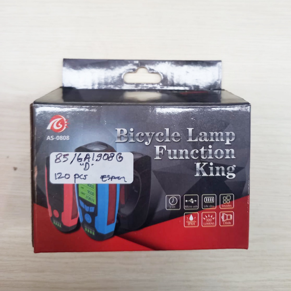 Lampu Sepeda  Klakson  Speedometer Rechargeable 1200mAh 4 in 1- AS0808 - Black