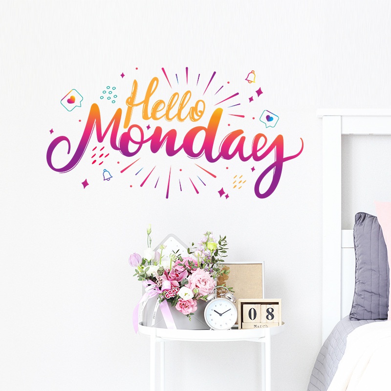 Stiker Dinding Desain Slogan Hello Monday Dapat Dilepas Untuk Dekorasi Kamar Tidur