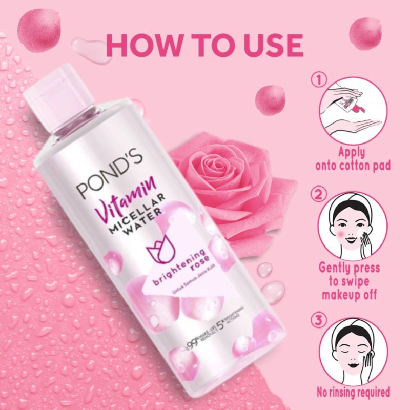 Pond's Vitamin MICELLAR WATER Makeup Remover Brightening Rose 235 ml / 100 ml / 55 ml - Dengan Niacinamide &amp; Vitamin C Untuk Semua Jenis Kulit - Pond Ponds - Membersihkan Kulit Wajah Make Up Micelar