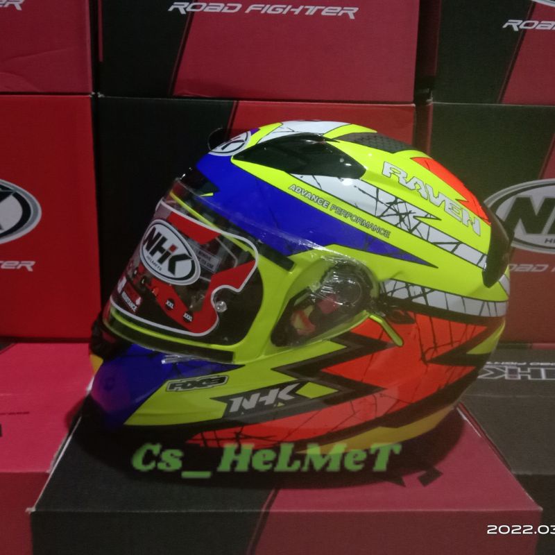 HELM NHK RX9 RAVEN YELLOW FLO BLUE ORANGE DOUBLE VISOR FULL FACE ORIGINAL SNI
